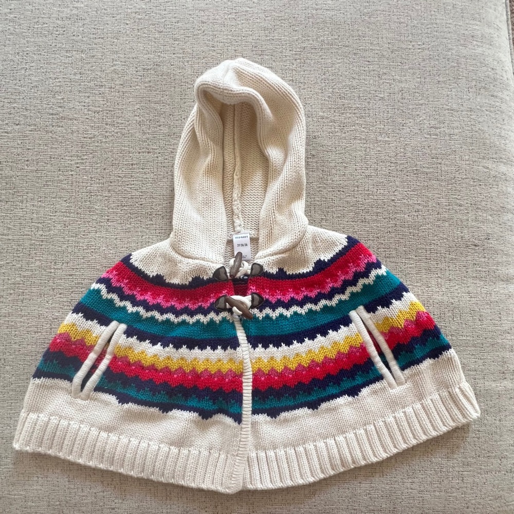 Old Navy Toddler Girls Fair Isle Knit Hooded‎ Poncho Sweater Toggle Cream 3T